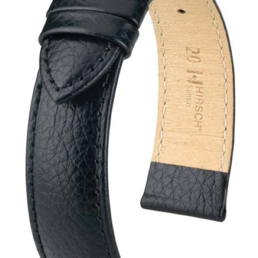 Hirsch KANSAS Buffalo 22mm Embossed Calf Leather in BLACK with Black Stitch